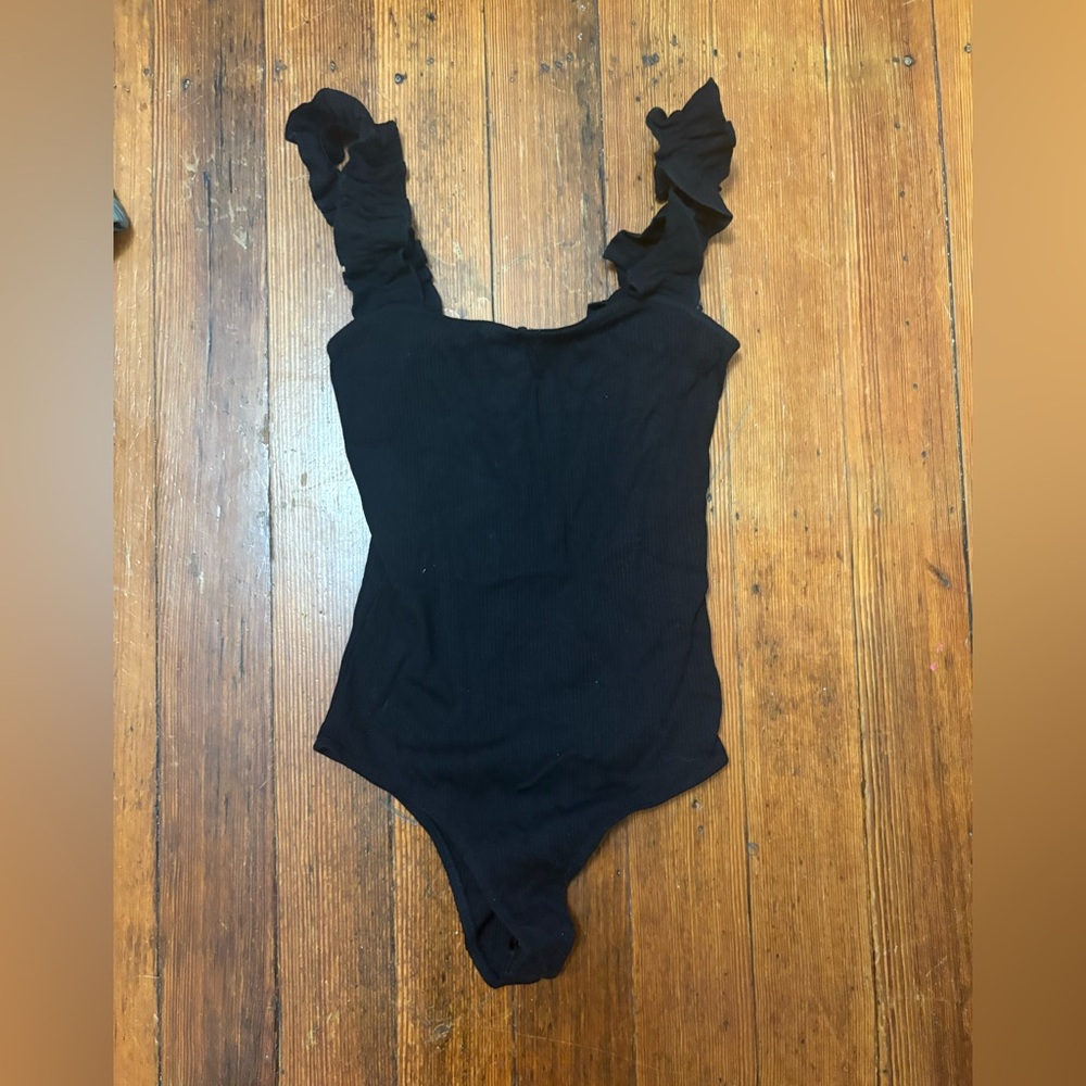 Francesca's Collections Black Ruffled Bodysuit
